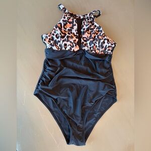 Tempt Me Slimming High Neck One Piece Swimsuit Women Size L Black  Mesh Accents